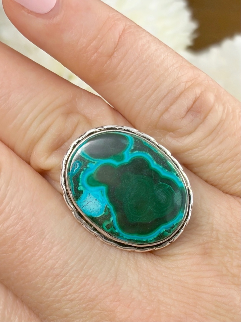 Chunky Malachite Chrysocolla Ring Size 6 1/4 6.25 Sterling Silver 925 Overlay